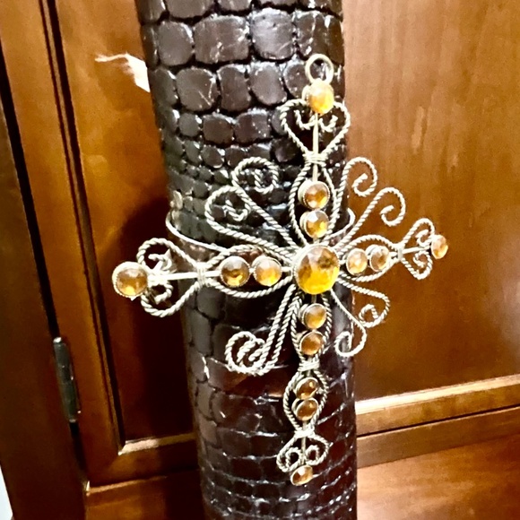 Detailed Sparkling Cross & Candle Decor with Metal Stand - Picture 2 of 4